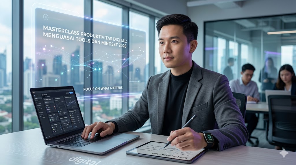 Masterclass Produktivitas Digital: Menguasai Tools dan Mindset 2026, Strategi Kerja Efektif, Manajemen Waktu Era AI, Tools Produktivitas 2026, Mindset Profesional Sukses.
